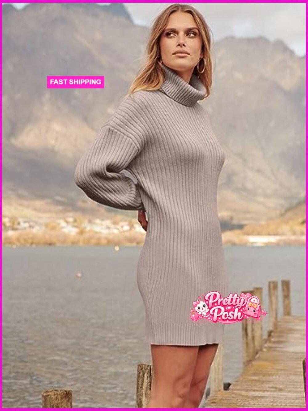 Oversized Sweater Dress Turtleneck Batwing Long Sleeve Ribbed Knit Loose Short - Picture 6 of 7